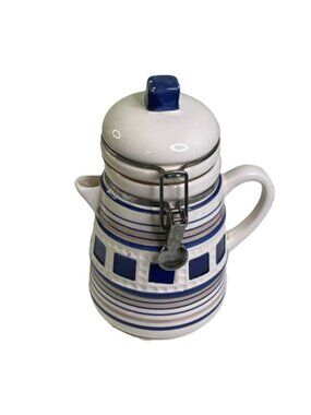 Vintage Lighthouse Canister Tea Pot Shape Ceramic w/ Wire Clamp Lid 8.5"